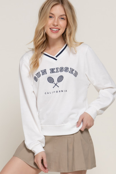 Long slv v-neck embroidered sweatshirt        -45043