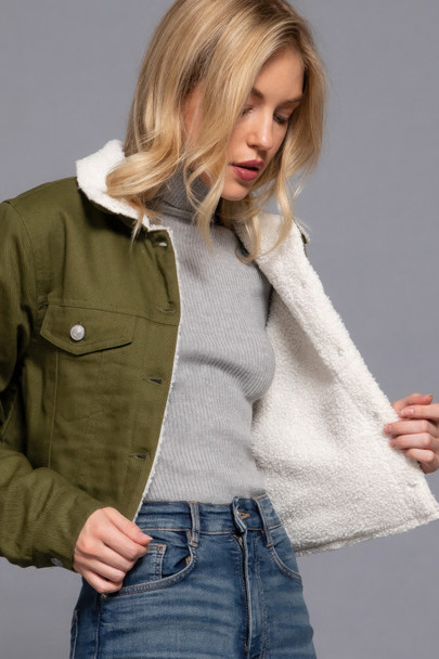 Button Closure Sherpa-lined Twill Jacket        -44848