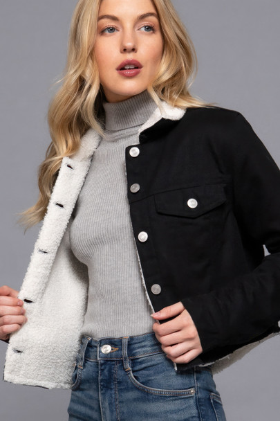 Button Closure Sherpa-lined Twill Jacket        -44847