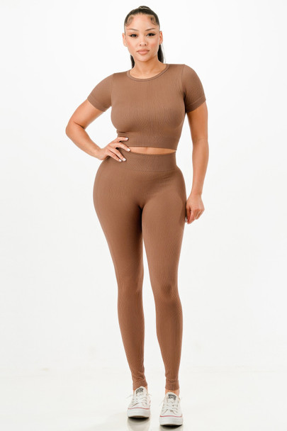 Ribbed Seamless T-shirt And Leggings Set            -51835