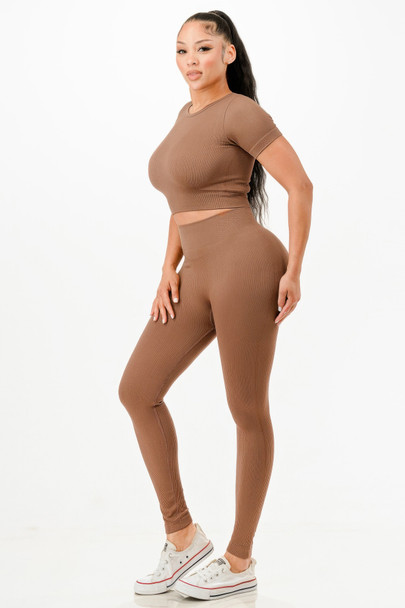 Ribbed Seamless T-shirt And Leggings Set            -51835