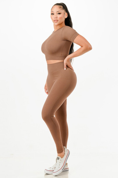 Ribbed Seamless T-shirt And Leggings Set            -51835
