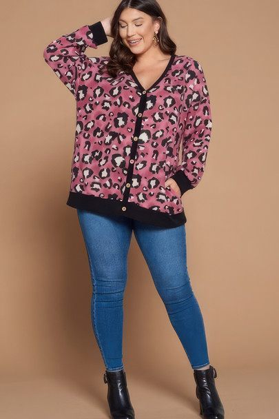 Plus Size Cozy Animal Mir Print With Brush Button Up Cardigan-42650