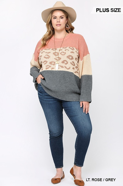 Color Block And Leopard Pattern Mixed Pullover Sweater-38325