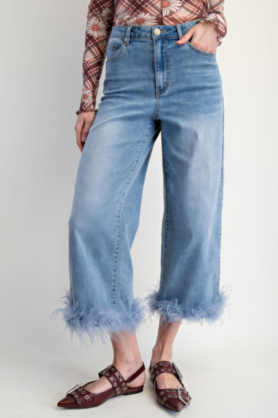 Fur Bottom Hem Washed Stretch Denim Pants           -49559