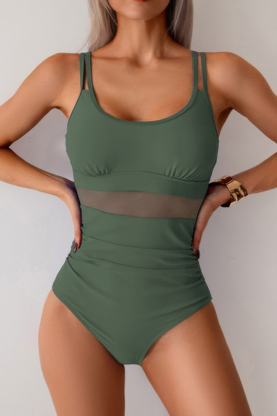 Solid Square Beck Double Strap Mesh Swimsuit-49370