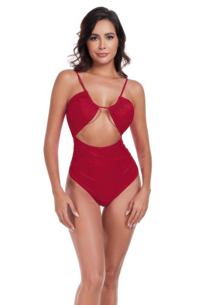 One Piece Solid Ruched Strap Cut Out Swimsuit-49261