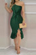 Solid One Shoulder Cross Waist Ruffle Hem Dress-49132 Solid One Shoulder Cross Waist Ruffle Hem Dress-49132
