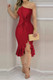 Solid One Shoulder Cross Waist Ruffle Hem Dress-49132 Solid One Shoulder Cross Waist Ruffle Hem Dress-49132