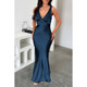 Solid Deep V Neck Low Back High Waist Full Dress-49093