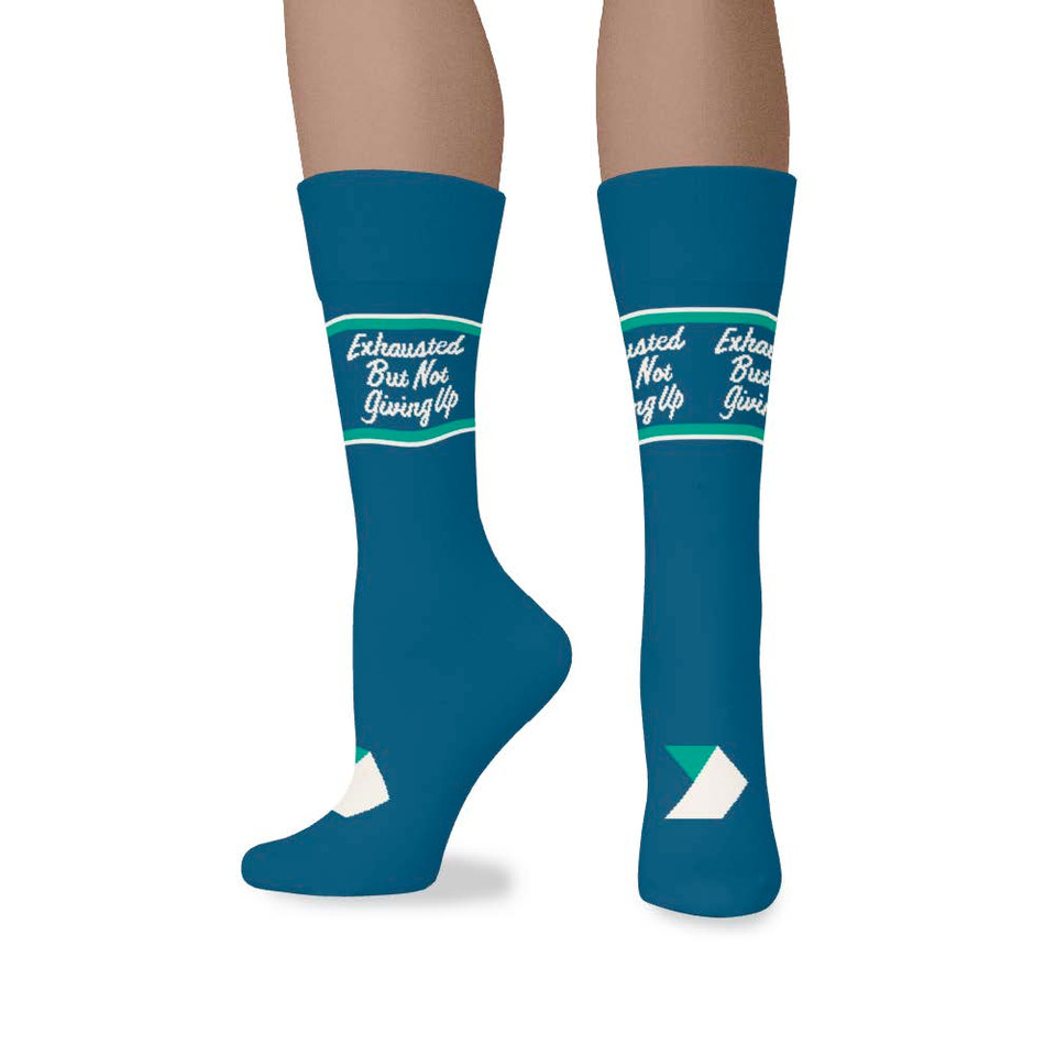 Exhausted but Not Giving Up (Blue Crew Sock)