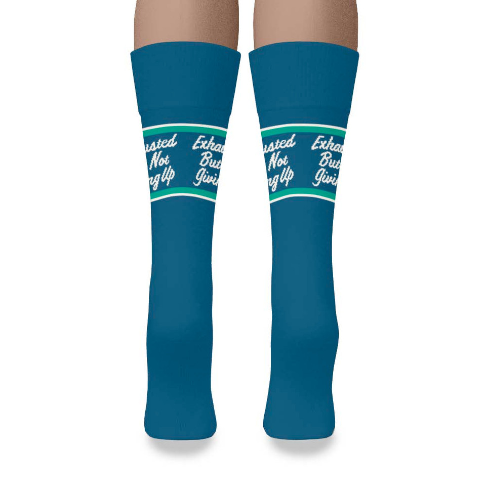 Exhausted but Not Giving Up (Blue Crew Sock)
