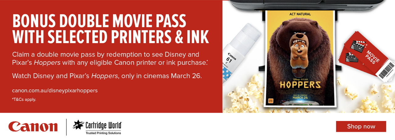 Promotional image for a double movie pass. Shows Disney and Pixar's "Hoppers" poster, cinema tickets, popcorn, and ink with printer. Offer ends March 26.