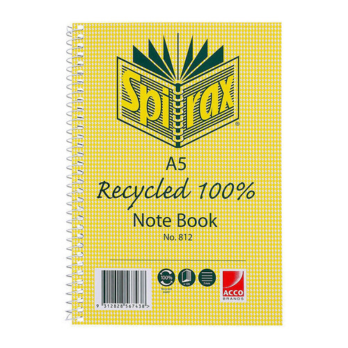 Spirax 812 Recycled Notebook A5 120 Pg Pack 5