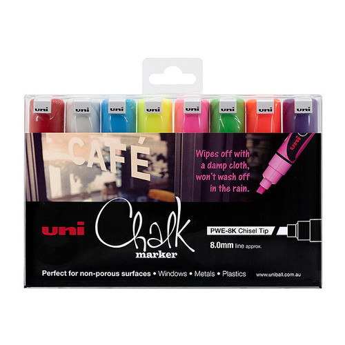 Uni Chalk Marker Chisel Assorted Pack 8