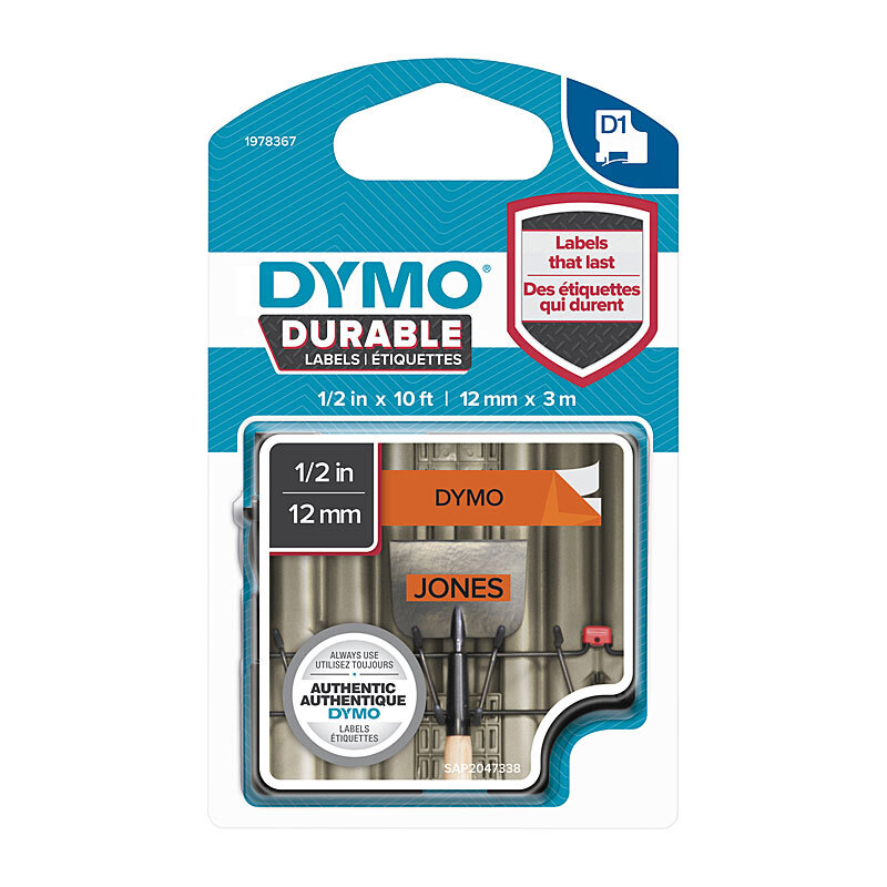 Dymo D1 Durable Black on Orange 12mm x 3m