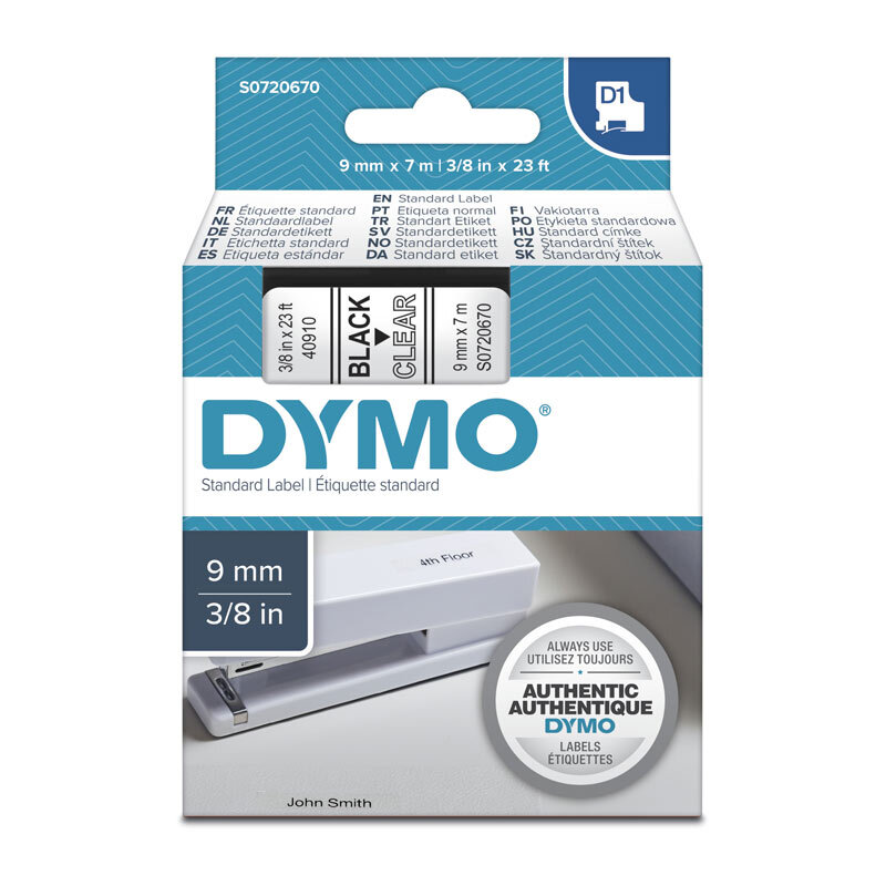 Dymo D1 Black on Clear 9mm x7m Tape