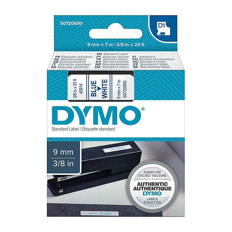 Dymo D1 Blue on White 9mm x7m Tape