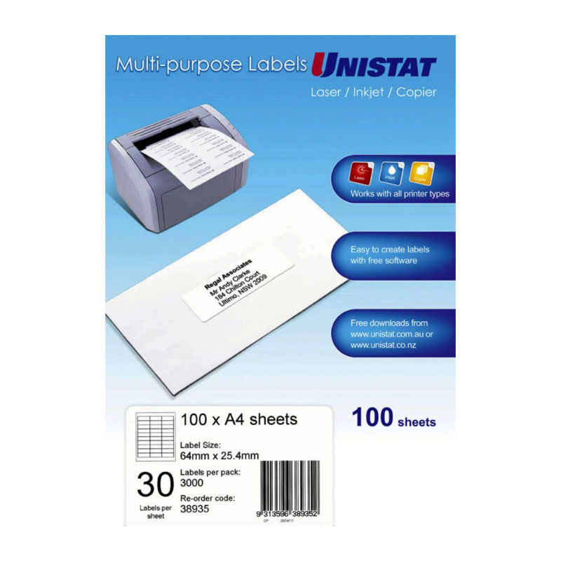 UNI LIP Labels 30Up 64X25mm Boxes X 100 UNI LIP Labels 30Up 64X25mm Boxes X 100