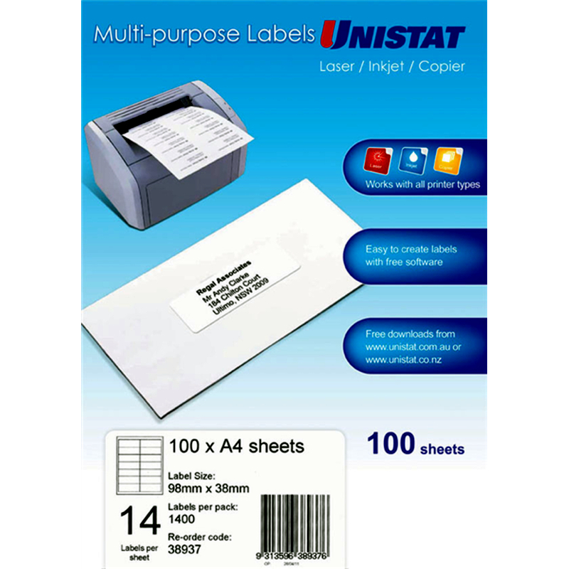 UNI LIP Labels 14Up 98X38mm Packet of 100 UNI LIP Labels 14Up 98X38mm Packet of 100