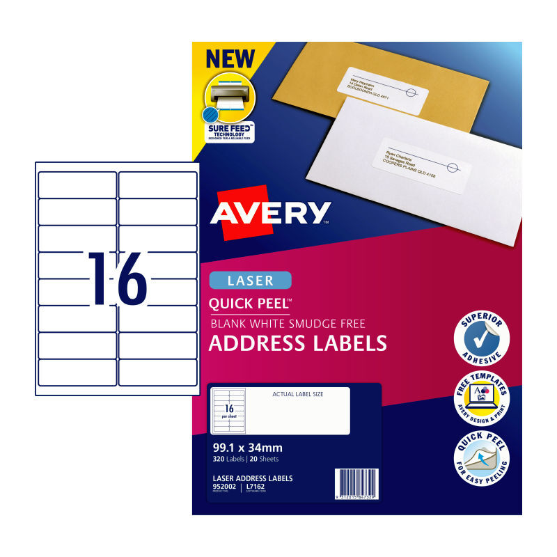 Avery Laser Labels QP L7162 16Up Packet of 20