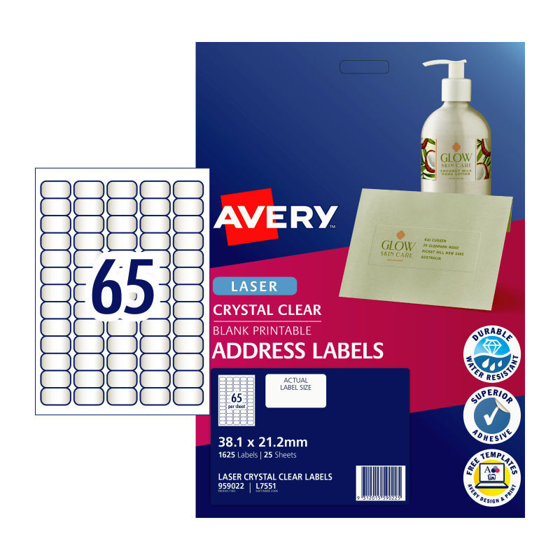 Avery Laser Labels Clr L7551 65Up Packet of 25