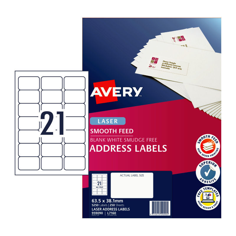 Avery Laser Labels L7160 21Up Packet of 250