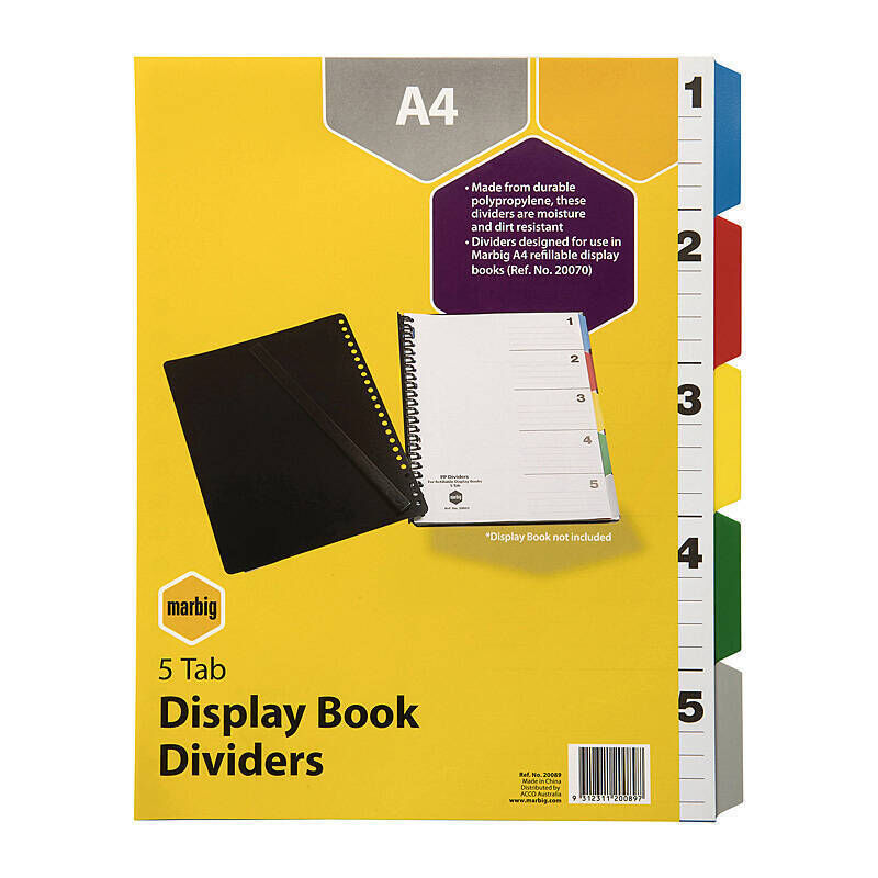 Marbig D/Book Indices & Dividers 5 Tab PP A4 Multi
