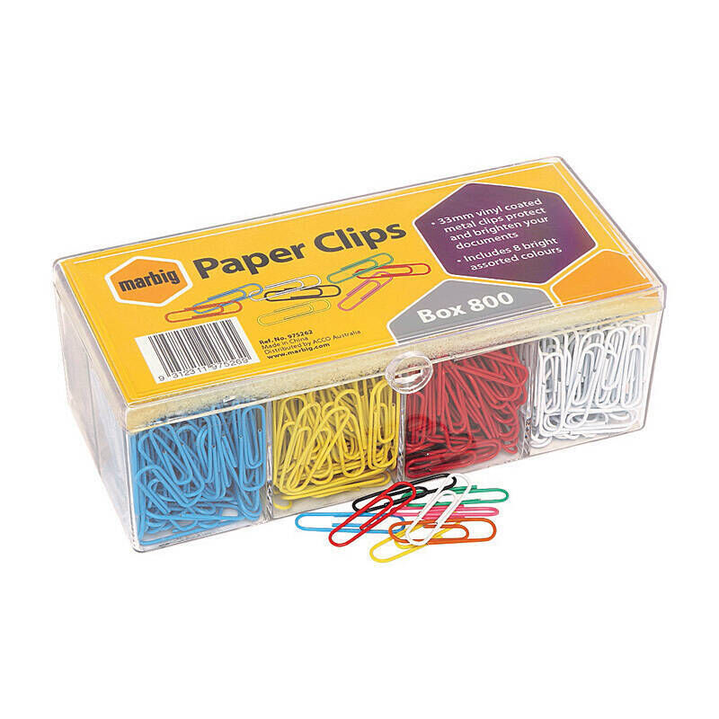 Marbig Paper Clips Ast Colours Vinyl Coated Box 800