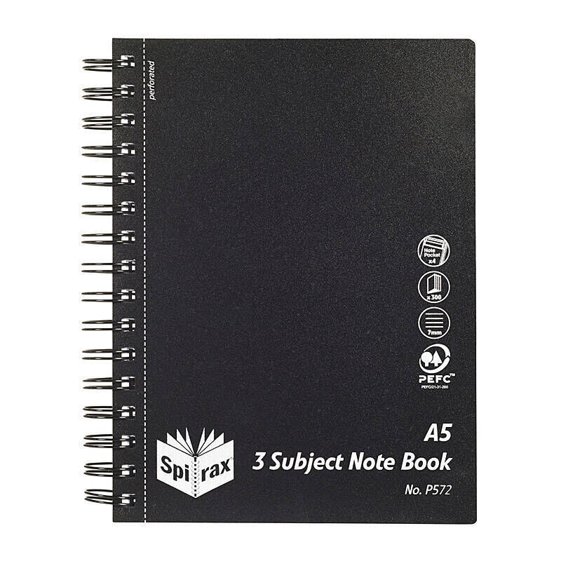 Spirax P572 PP 3 Subject Book A5 300P Black S/O Pack 5