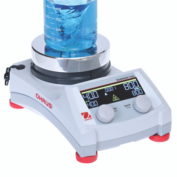OHAUS Guardian 7000 Aluminum Hotplate Stirrer e-G71HSRDM, 5.3 In Plate, 20L Capacity, USB Port, Timer, 120V 8.3A OHAUS Guardian 7000 Aluminum Hotplate Stirrer e-G71HSRDM, 5.3 In Plate, 20L Capacity, USB Port, Timer, 120V 8.3A