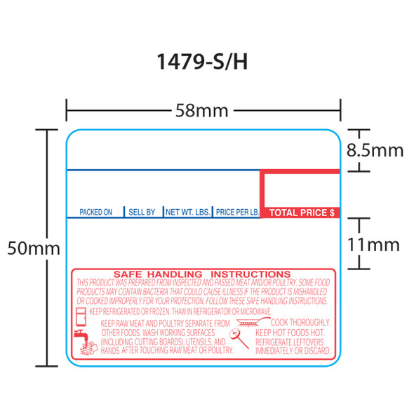 CAS Printer Labels 1479-S/H for LP-1000 UPC Safe Handling, Red/Blue, 12 Rolls, 600 Labels per Roll, 58 mm x 50 mm