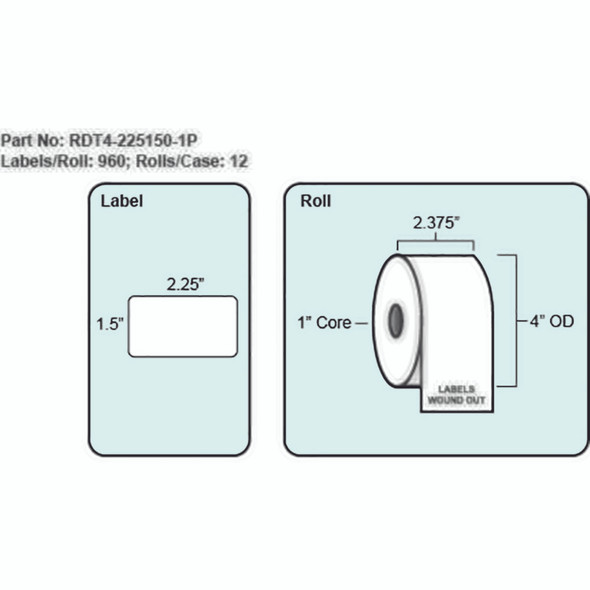 2.25x1.5 Direct Thermal Label with Perf, 960 Labels per roll, 12 rolls per case, 1" Core 4" OD 2.25x1.5 Direct Thermal Label with Perf, 960 Labels per roll, 12 rolls per case, 1" Core 4" OD