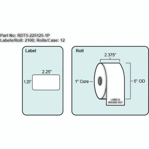 2.25x1.25 Direct Thermal Label with Perf, 2100 Labels per roll, 1" Core 5" OD
