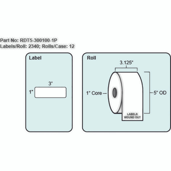 3x1 Direct Thermal Label with Perf, 2340 Labels per roll, 12 rolls per case, 1" Core 5" OD