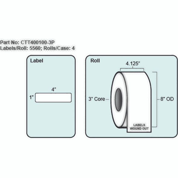 4x1 Thermal Transfer Label with Perf, 5560 Labels per roll, 4 rolls per case, 3" Core 8" OD