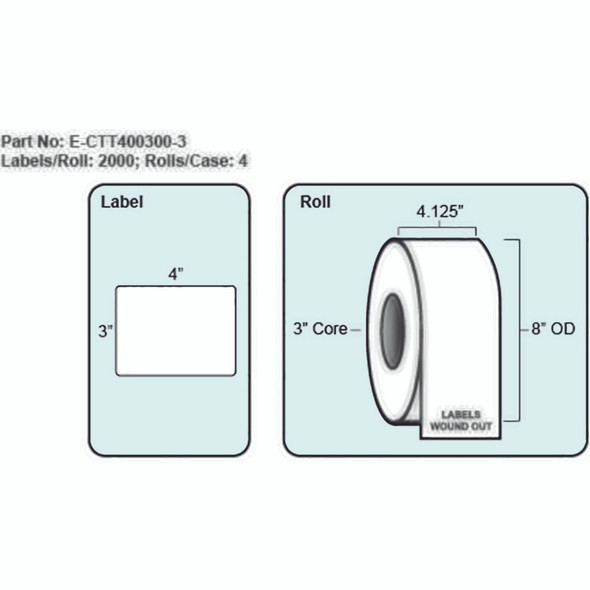4x3 Thermal Transfer Label, No Perf, 2000 Labels per roll, 4 rolls per case, 3" Core 8" OD 4x3 Thermal Transfer Label, No Perf, 2000 Labels per roll, 4 rolls per case, 3" Core 8" OD