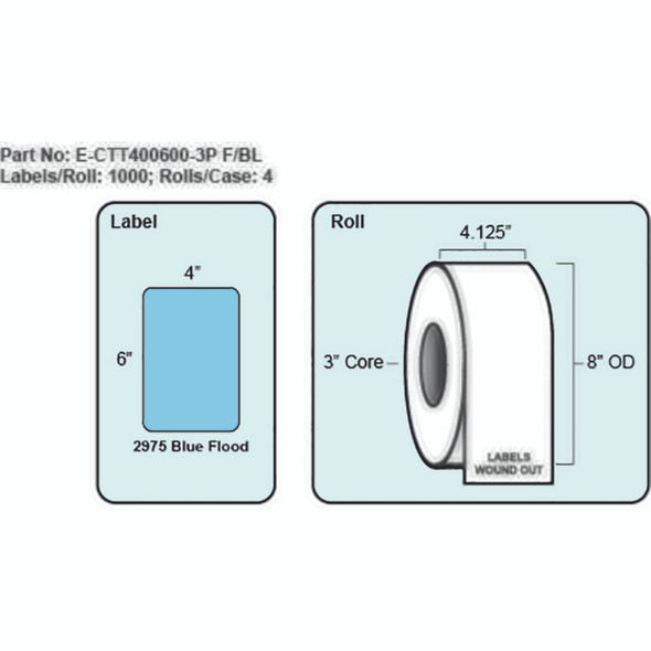 4x6 Blue Thermal Transfer Label with Perf, 1000 Labels per roll, 4 rolls per case, 3" Core 8" OD 4x6 Blue Thermal Transfer Label with Perf, 1000 Labels per roll, 4 rolls per case, 3" Core 8" OD