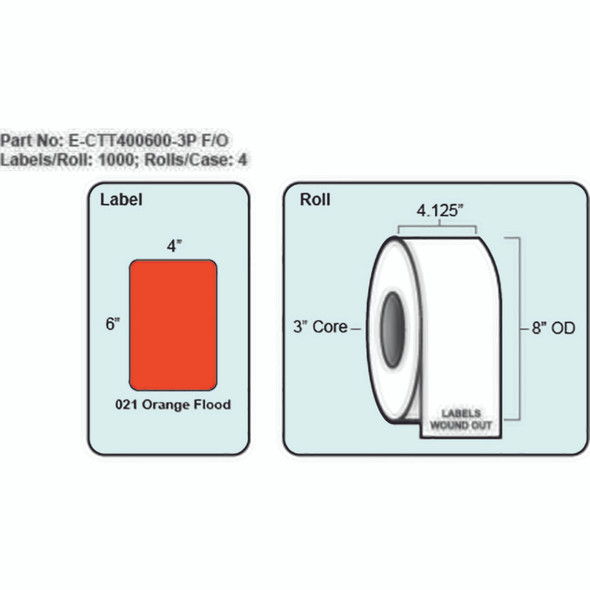 4x6 Orange Thermal Transfer Label with Perf, 1000 Labels per roll, 4 rolls per case, 3" Core 8" OD 4x6 Orange Thermal Transfer Label with Perf, 1000 Labels per roll, 4 rolls per case, 3" Core 8" OD