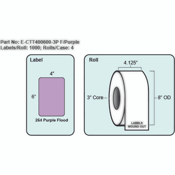 4x6 Purple Thermal Transfer Label with Perf, 1000 Labels per roll, 4 rolls per case, 3" Core 8" OD 4x6 Purple Thermal Transfer Label with Perf, 1000 Labels per roll, 4 rolls per case, 3" Core 8" OD