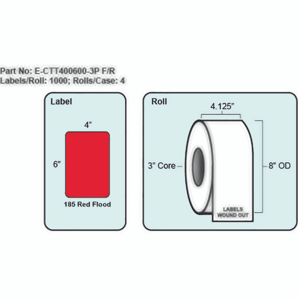 4x6 Red Thermal Transfer Label with Perf, 1000 Labels per roll, 4 rolls per case, 3" Core 8" OD 4x6 Red Thermal Transfer Label with Perf, 1000 Labels per roll, 4 rolls per case, 3" Core 8" OD