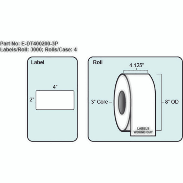 4x2 Direct Thermal Transfer Label with Perf, 3000 Labels per roll, 4 rolls per case, 1" Core 4" OD 4x2 Direct Thermal Transfer Label with Perf, 3000 Labels per roll, 4 rolls per case, 1" Core 4" OD