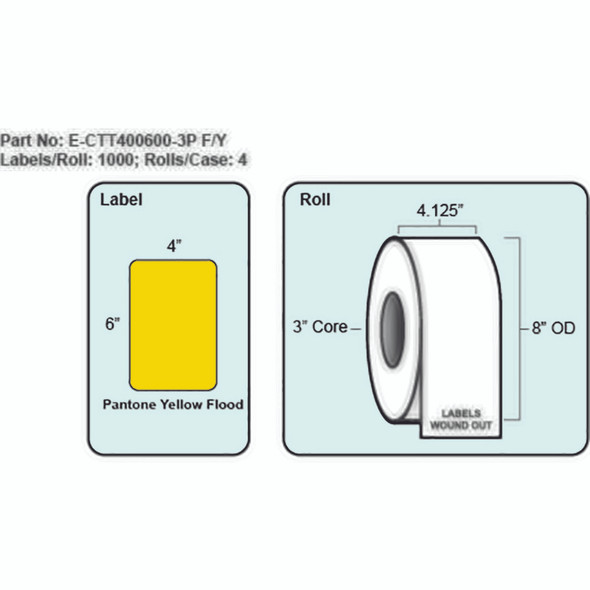 4x6 Yellow Thermal Transfer Label with Perf, 1000 Labels per roll, 4 rolls per case, 3" Core 8" OD