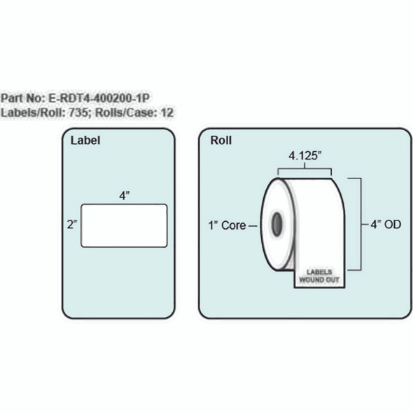 4x2 Direct Thermal Transfer Label, 735 Labels per roll, 12 rolls per case, 1" Core 4" OD