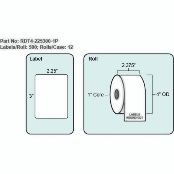 2.25x3 Direct Thermal Label with Perf, 500 Labels per roll, 12 rolls per case, 1" Core 4" OD 2.25x3 Direct Thermal Label with Perf, 500 Labels per roll, 12 rolls per case, 1" Core 4" OD