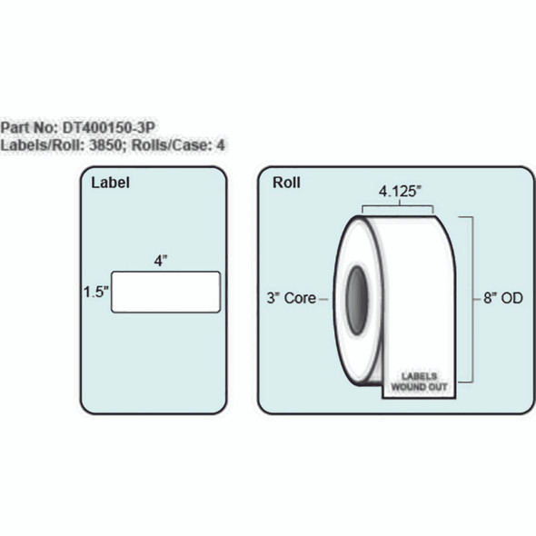 4x1.5 Direct Thermal Label, 3850 Labels per roll, 4 rolls per case, 3" Core 8" OD