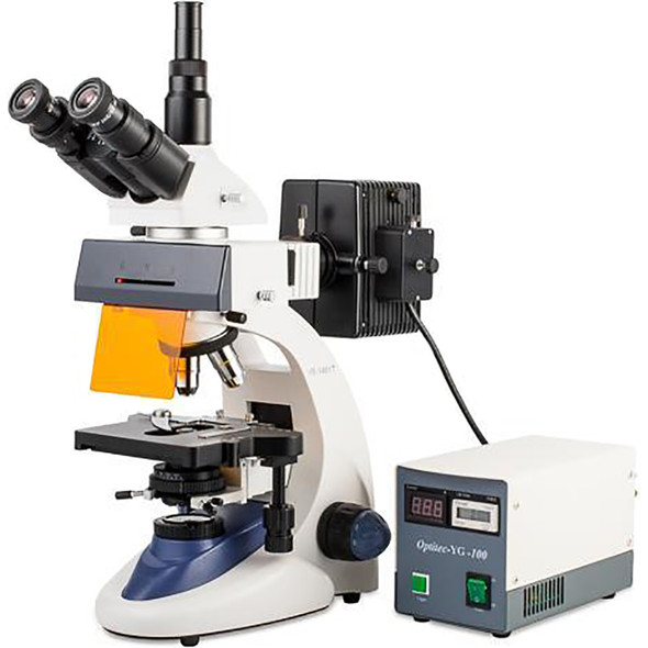Velab VE-146YT Trinocular Epifluorescence Microscope, 4 Lenses, 5.90” x 5.19” Double Plate Stage