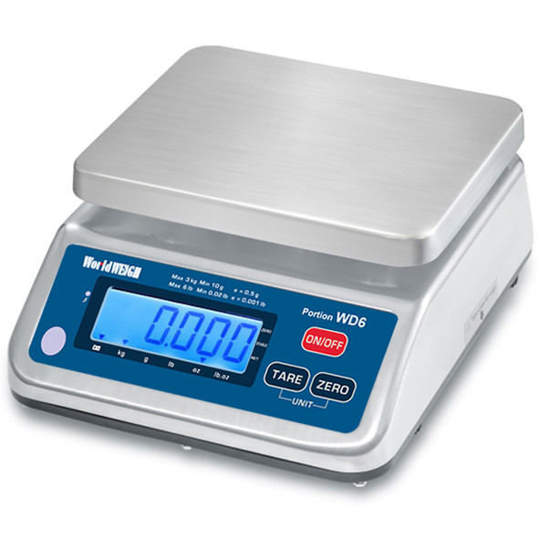WorldWeigh WD Food Portion Scale, 12 lb x 0.002 lb, LCD, Stainless Steel, IP65, NTEP, Rechargeable Battery