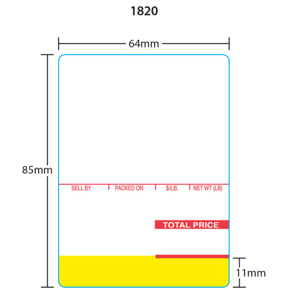 Ishida Printer Labels 1820 for AC-Series, BC-3000, Astra UPC 85mm, Red/Yellow, 12 Rolls, 450 Labels per Roll