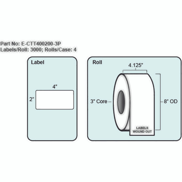 4x2 Thermal Transfer Label, with Perf, 3000 Labels per roll, 4 rolls per case, 3" Core 8" OD